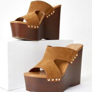 SHOEDAZZLE FAUX SUEDE 5" WEDGE 2" PLATFORM SANDAL SLIP-ON OPEN TOE